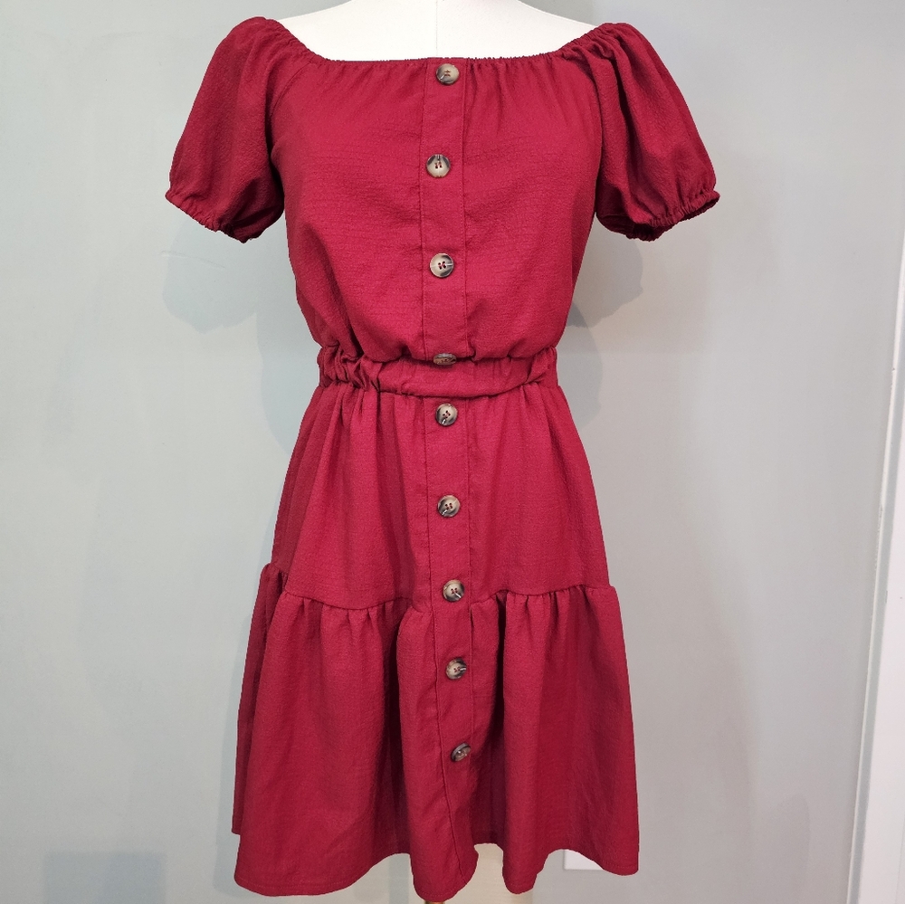 Red off shoulder dress with button details